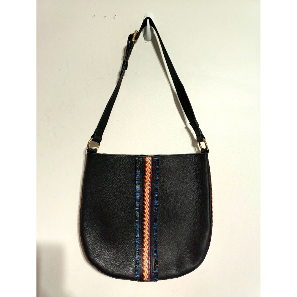 Southwestern Black Pebbled leather Shoulder Bag Woven Trim cowgirl Bohemian EXC